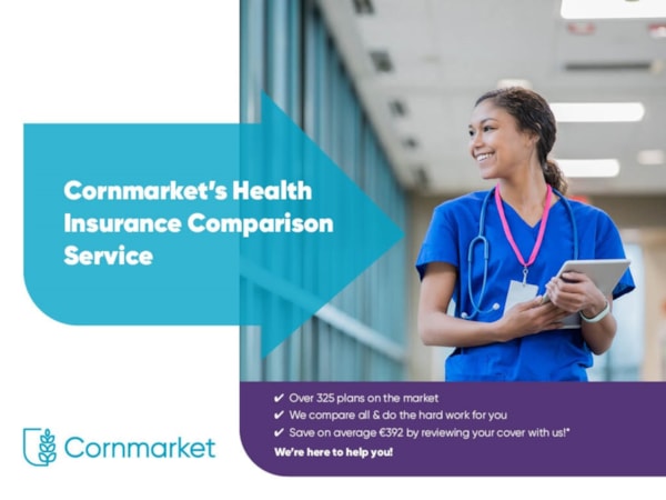 Female nurse in a hospital corridor smiling and looking off to one side with text on graphic saying Cornmarket's Health Insurance Comparison Service